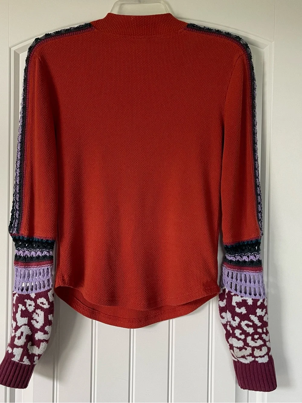 Free People Red Knit Sweatshirt with Patterned Sleeves